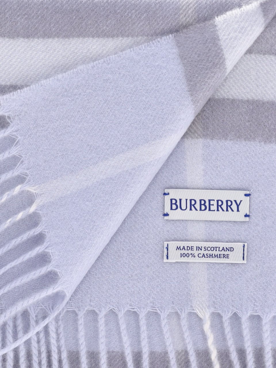 Burberry "Check" Scarf In Blue Cashmere, All-Over "Check" Pattern Grijs
