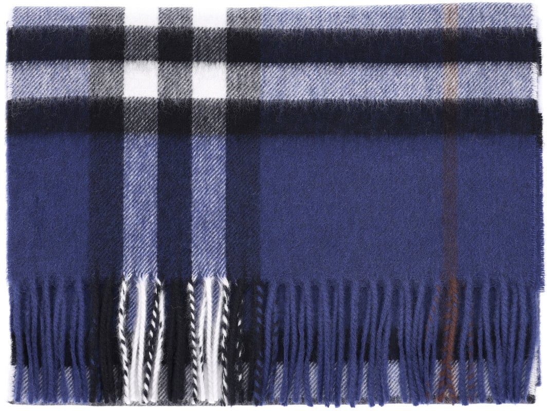 Burberry "Check" Scarf In Blue Cashmere, Dark Shade Blauw