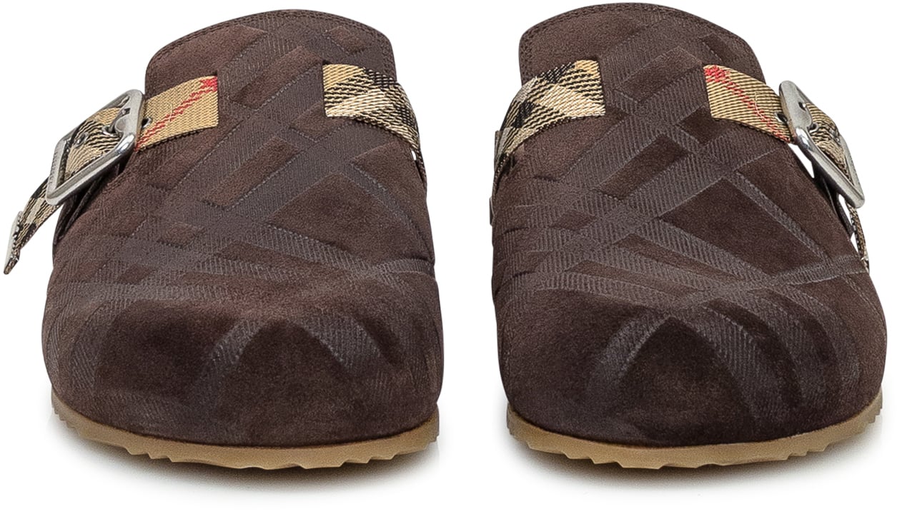 Burberry Burberry Sabot in Suede con Fibbia Check Bruin