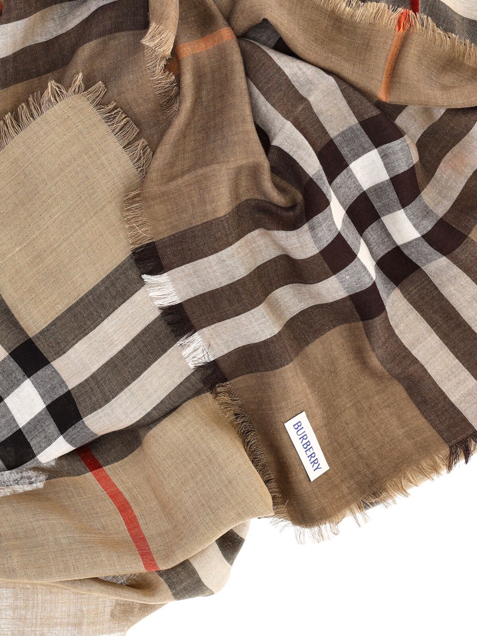 Burberry Beige Wool-Silk Check Scarf with Fringed Edges Neutraal