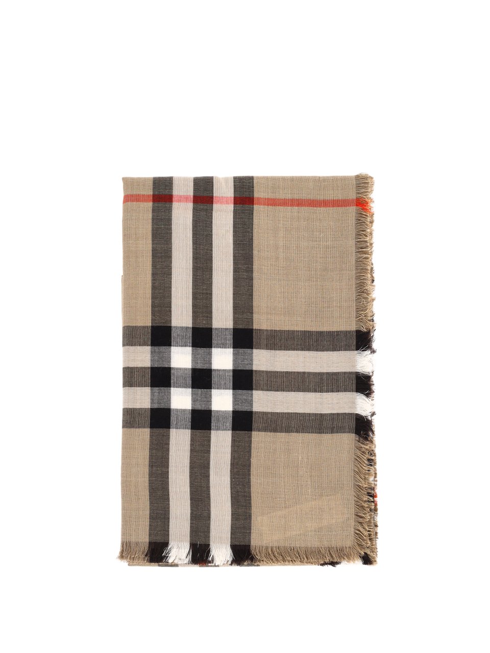 Burberry Beige Wool-Silk Check Scarf with Fringed Edges Neutraal