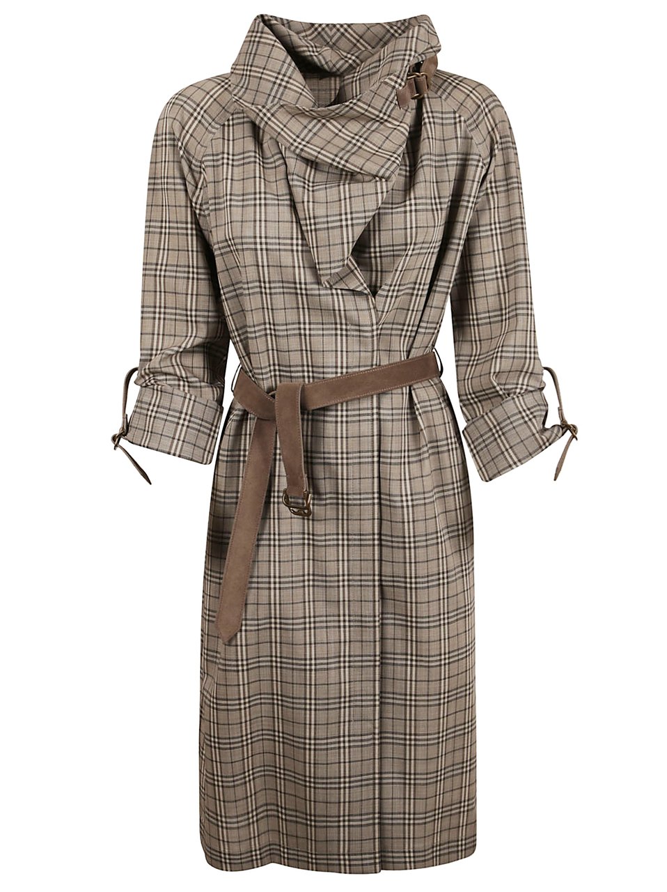 Burberry Wool Check Dress with Shawl Collar Grijs