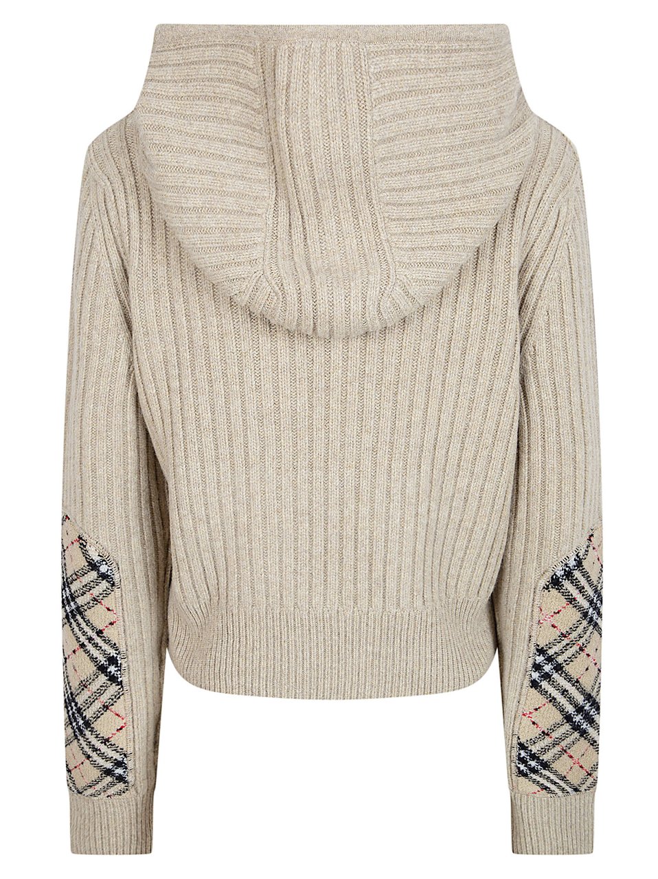 Burberry Ribbed Knit Cropped Hoodie Sweater with Check Patch Detail Neutraal