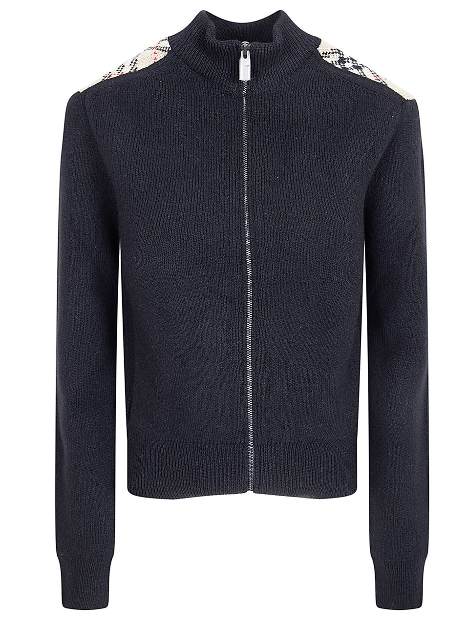 Burberry Cashmere-Wool Blend Cardigan with Plaid Patches and Full-Zip Closure Zwart