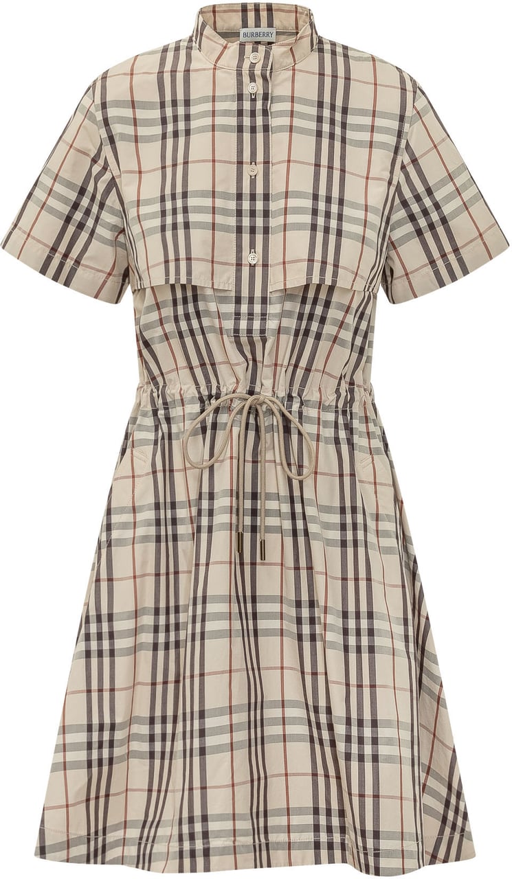 Burberry Abito Isotta con Motivo a Quadri e Coulisse in Vita Beige