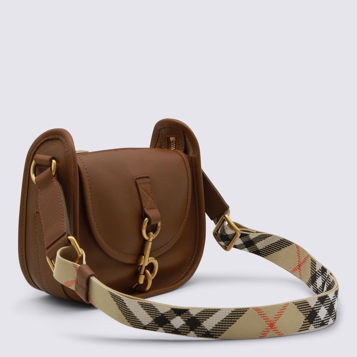 Burberry Structured Saddle Bag With Gold-Tone Clasp And Check Pattern Strap Bruin