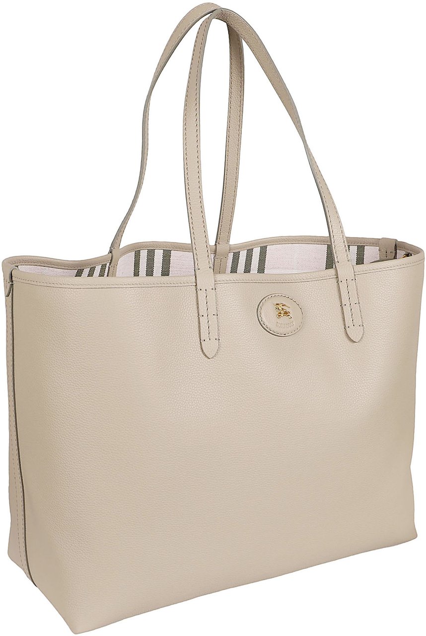 Burberry Calf Grain Leather Tote Bag with Striped Interior Neutraal