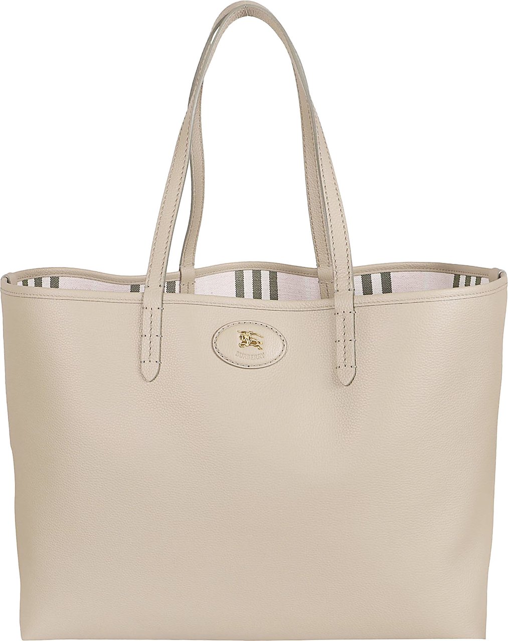 Burberry Calf Grain Leather Tote Bag with Striped Interior Neutraal