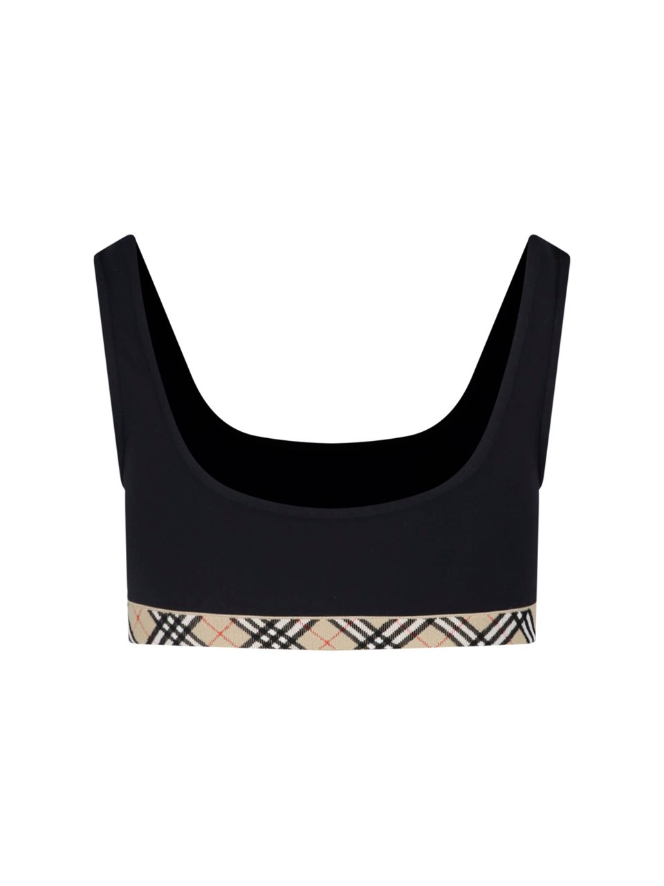 Burberry Black Square Neck Plaid Accented Top Zwart
