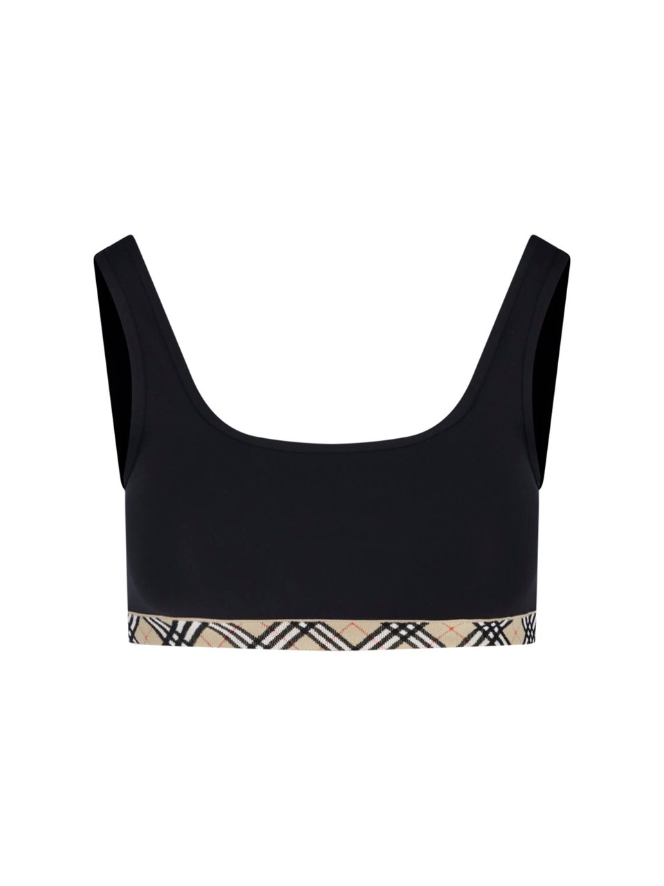 Burberry Black Square Neck Plaid Accented Top Zwart