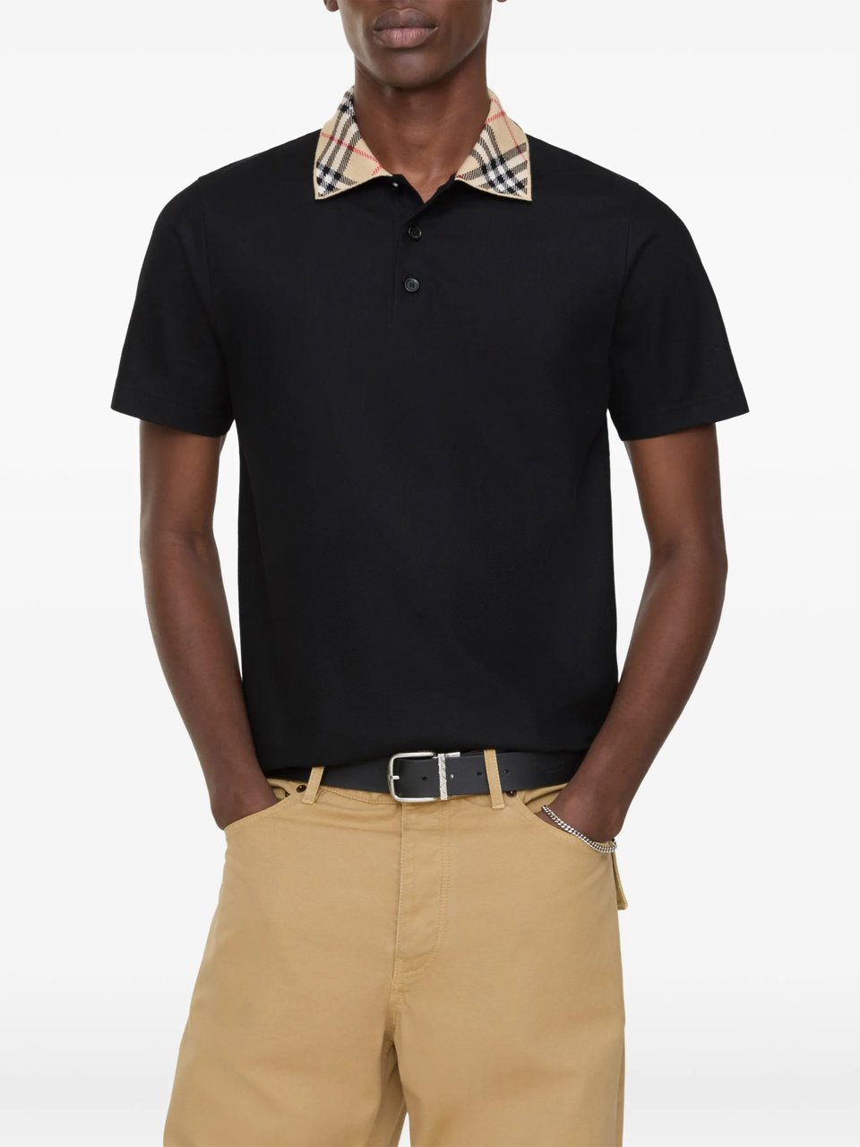 Burberry Black Evan Cotton Plaid Collar Polo Shirt Zwart