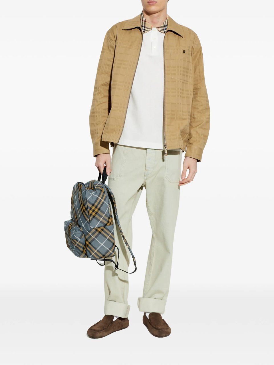 Burberry White Evan Cotton Plaid Collar Polo Shirt Wit