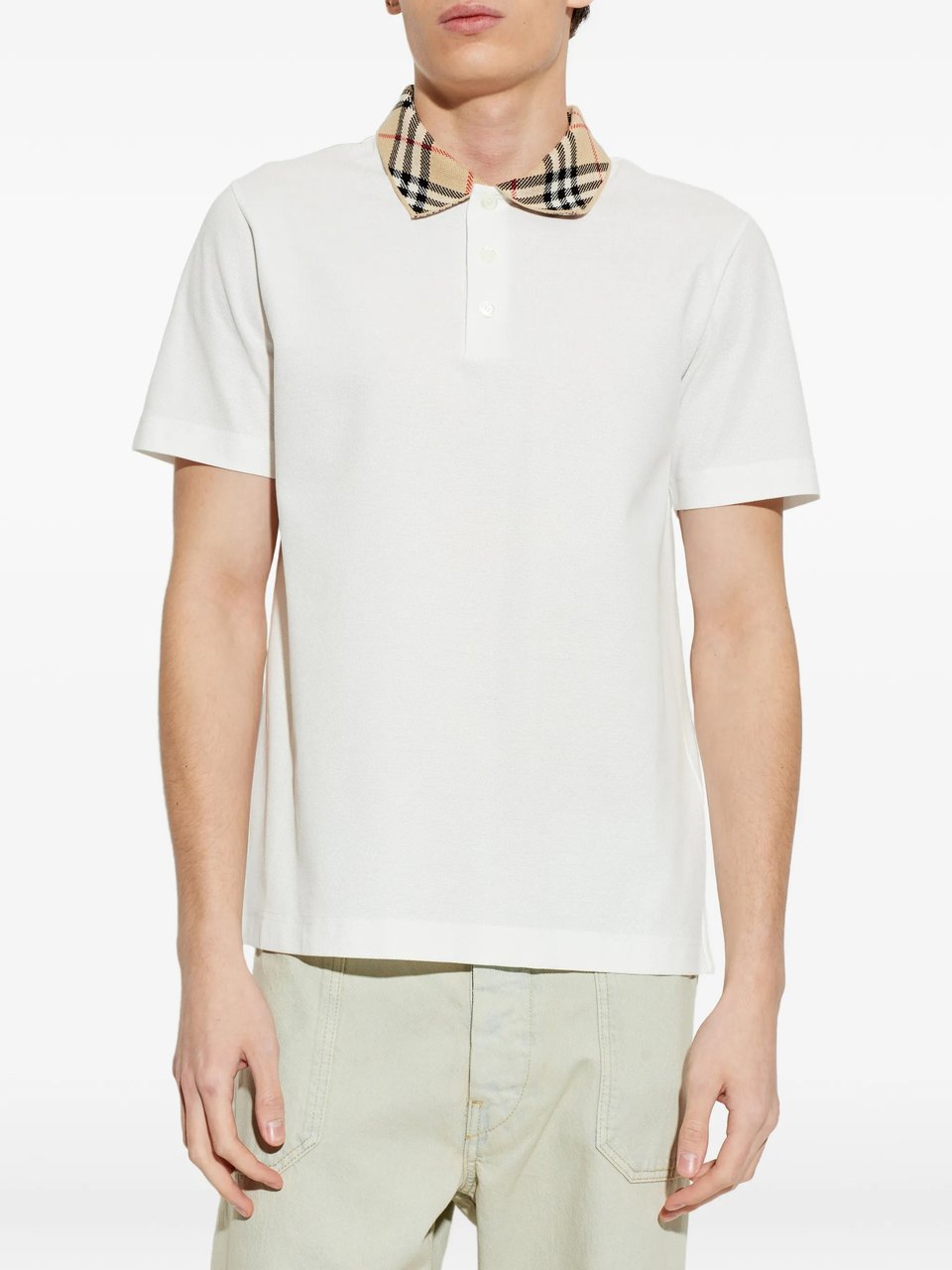 Burberry White Evan Cotton Plaid Collar Polo Shirt Wit
