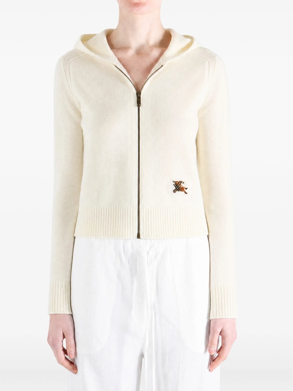 Burberry Giacca Fitted Cotton Ribbed Knit Hoodie Neutraal