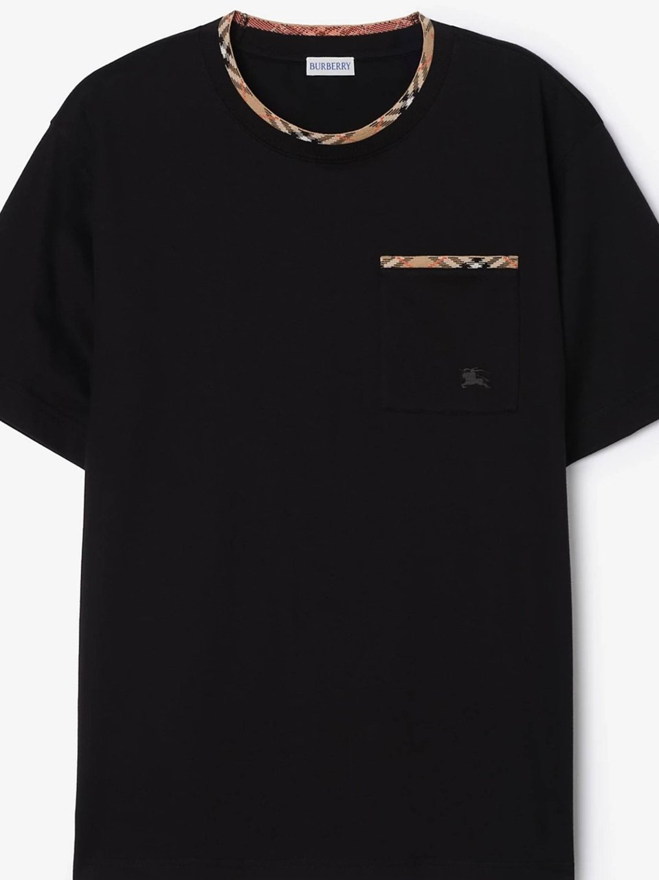 Burberry Black Ryan Checkered Trim Cotton T-Shirt Zwart