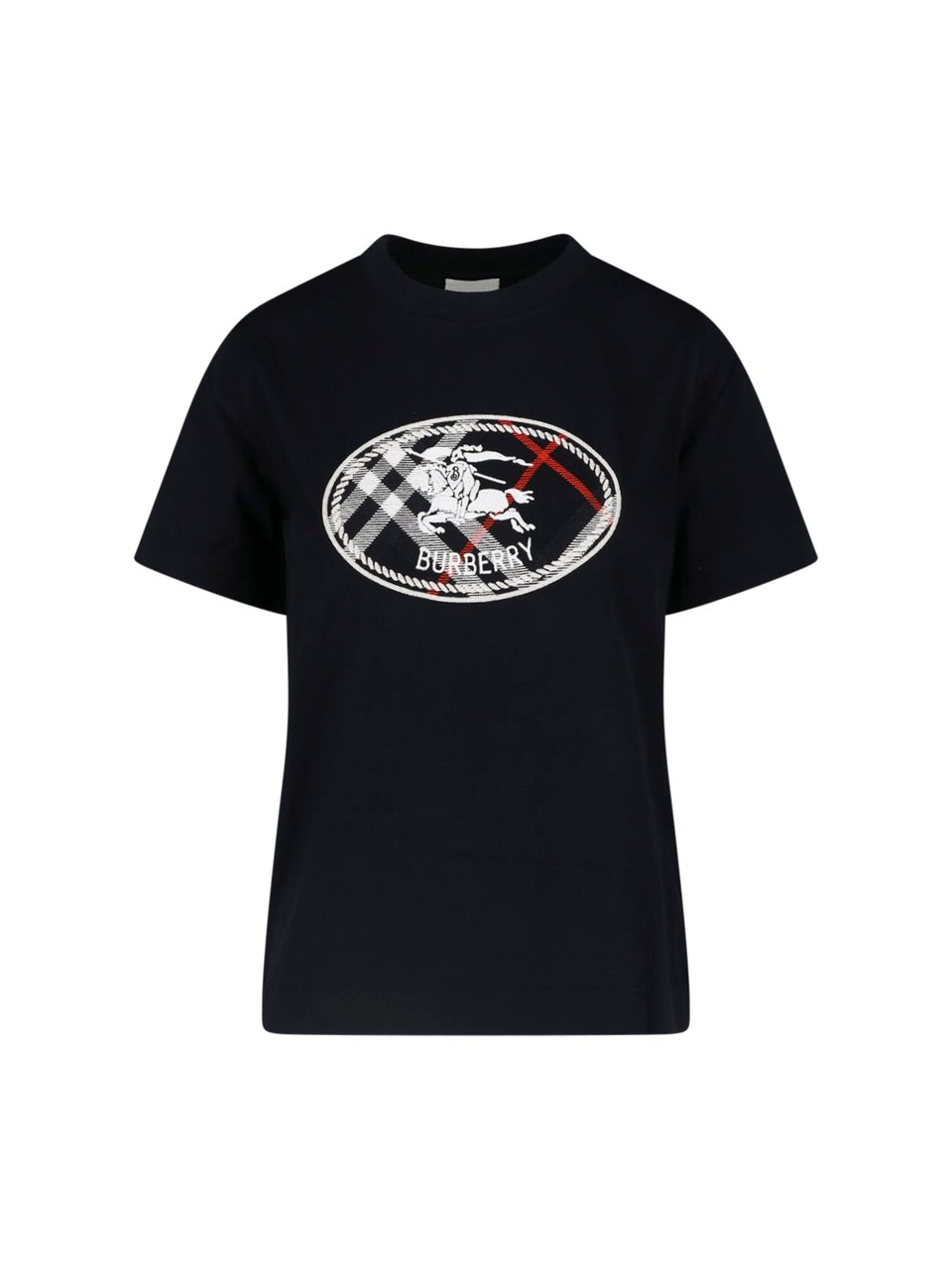 Burberry Short-Sleeved Black T-Shirt with Checkered Emblem Zwart