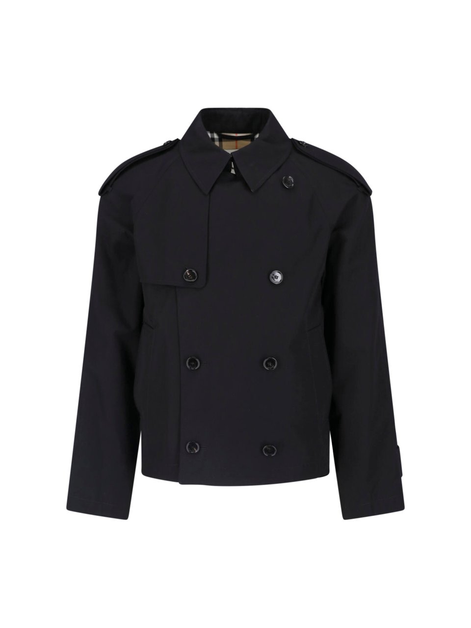 Burberry Cropped Double-Breasted Jacket With Distinctive Check Lining Zwart