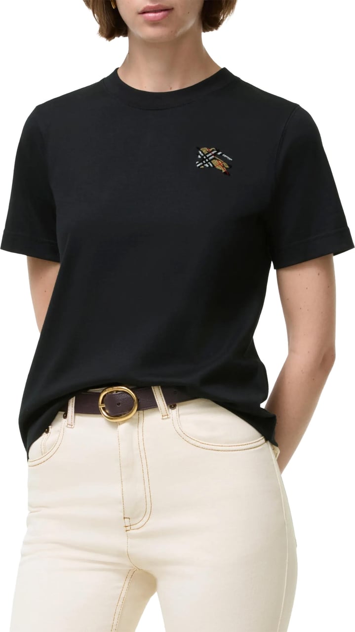 Burberry Black T-Shirt Embroidered Patch Top Zwart
