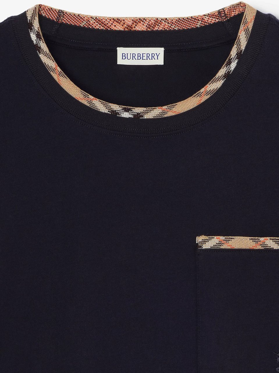 Burberry Solid Black T-Shirt With Checkered Trim Details Zwart