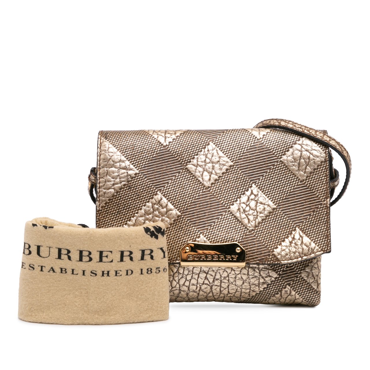 Burberry Embossed Grain Check Leather Langley Crossbody Goud