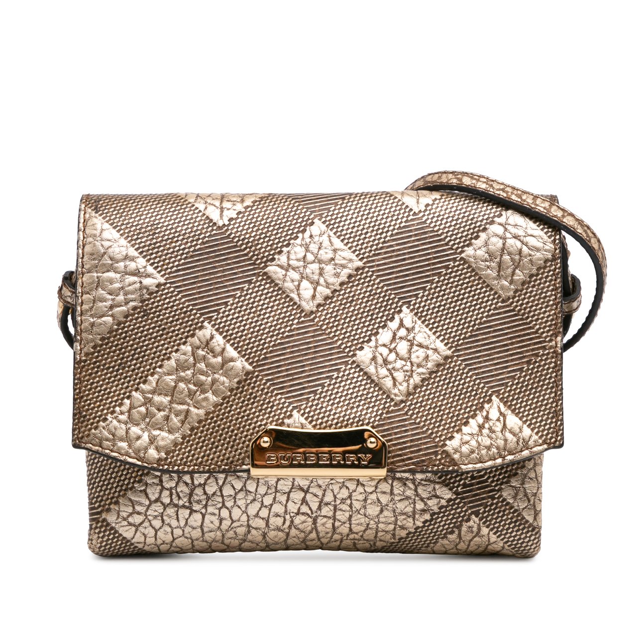 Burberry Embossed Grain Check Leather Langley Crossbody Goud