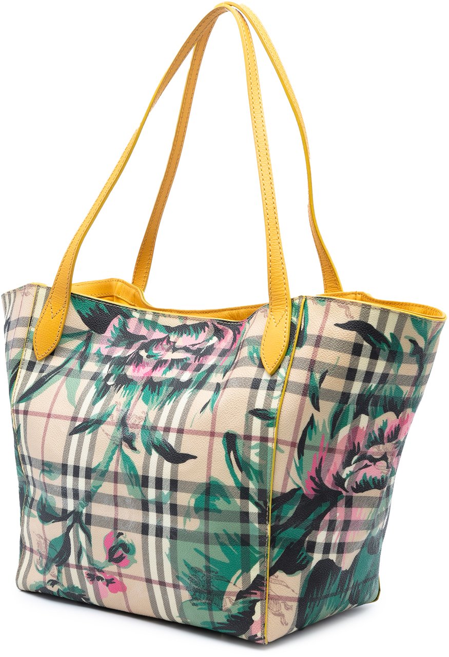 Burberry Small Haymarket Check Floral Print Coated Canvas Canterbury Tote Bruin