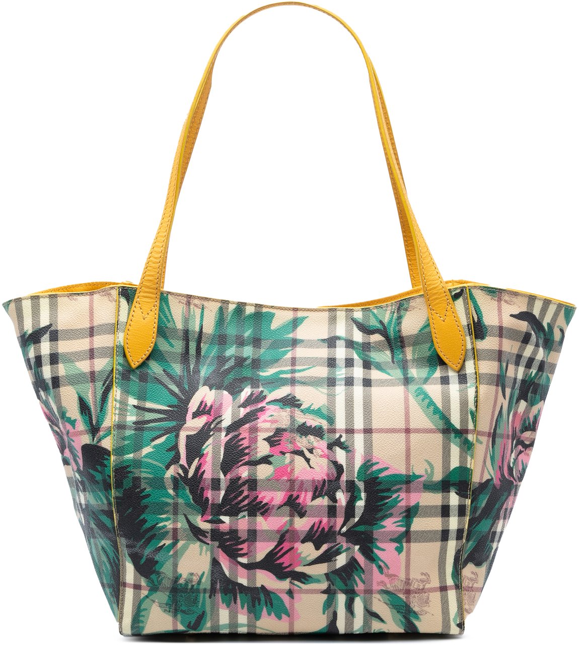 Burberry Small Haymarket Check Floral Print Coated Canvas Canterbury Tote Bruin