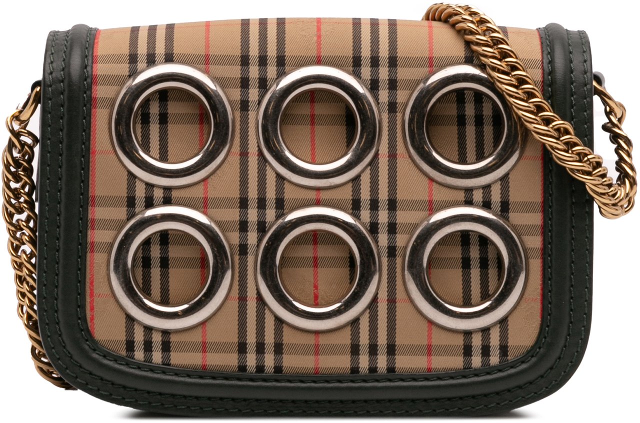 Burberry 1983 Knight Check Canvas and Smooth Calfskin Grommet Chain Crossbody Bruin