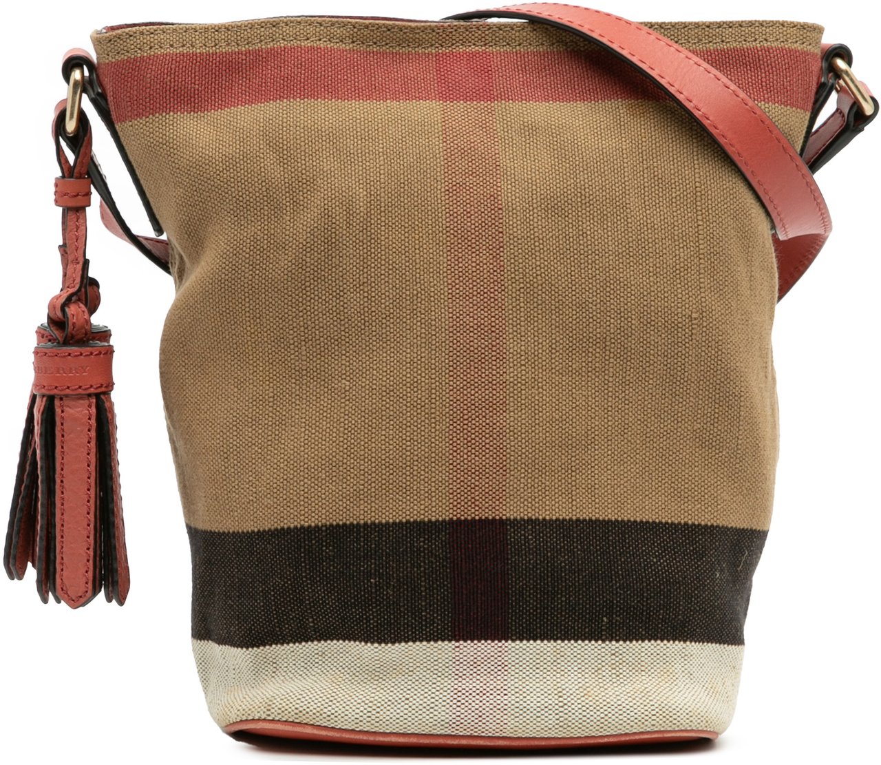 Burberry Mini Mega Check Canvas Ashby Tassel Bucket Bag Bruin