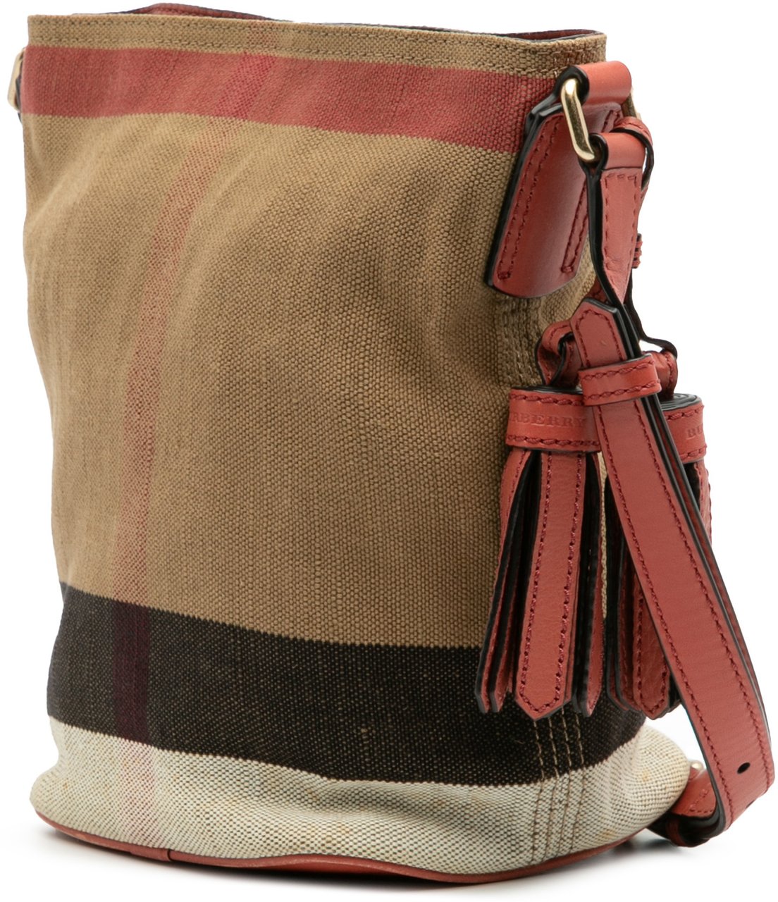 Burberry Mini Mega Check Canvas Ashby Tassel Bucket Bag Bruin