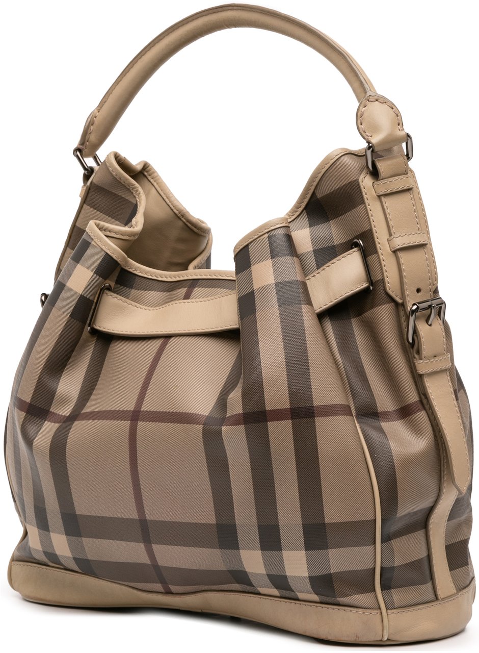 Burberry Medium Smoke Check Coated Canvas Walden Belted Hobo Bruin