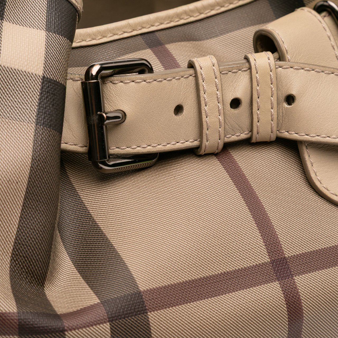 Burberry Medium Smoke Check Coated Canvas Walden Belted Hobo Bruin