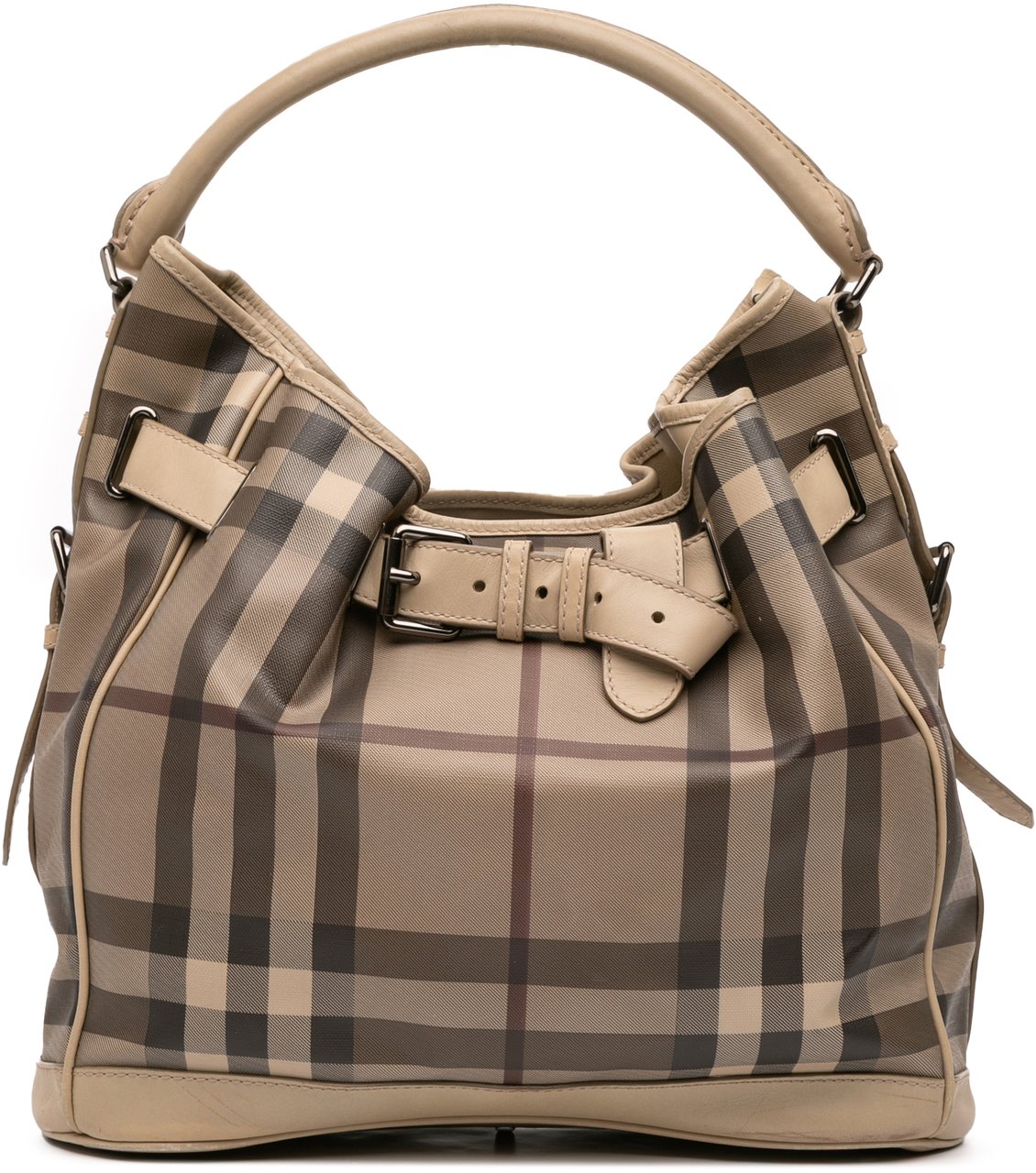 Burberry Medium Smoke Check Coated Canvas Walden Belted Hobo Bruin