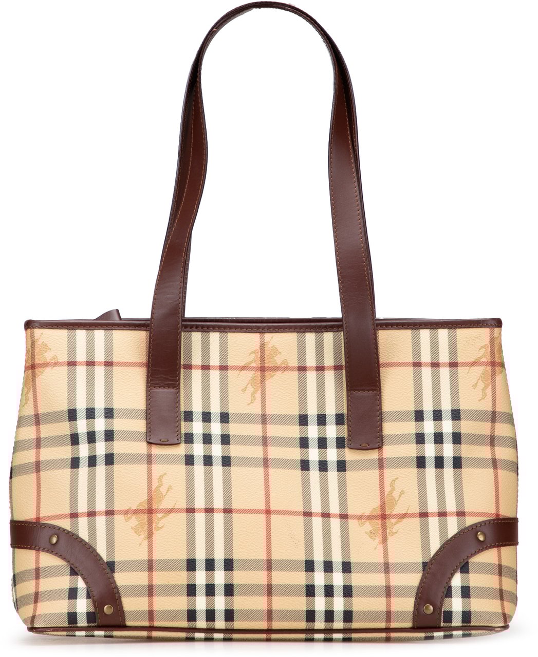 Burberry Haymarket Check Coated Canvas Studded Tote Bruin