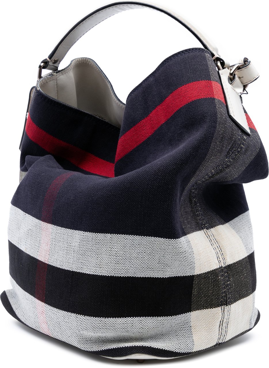 Burberry Medium Mega Check Canvas Ashby Bucket Bag Blauw