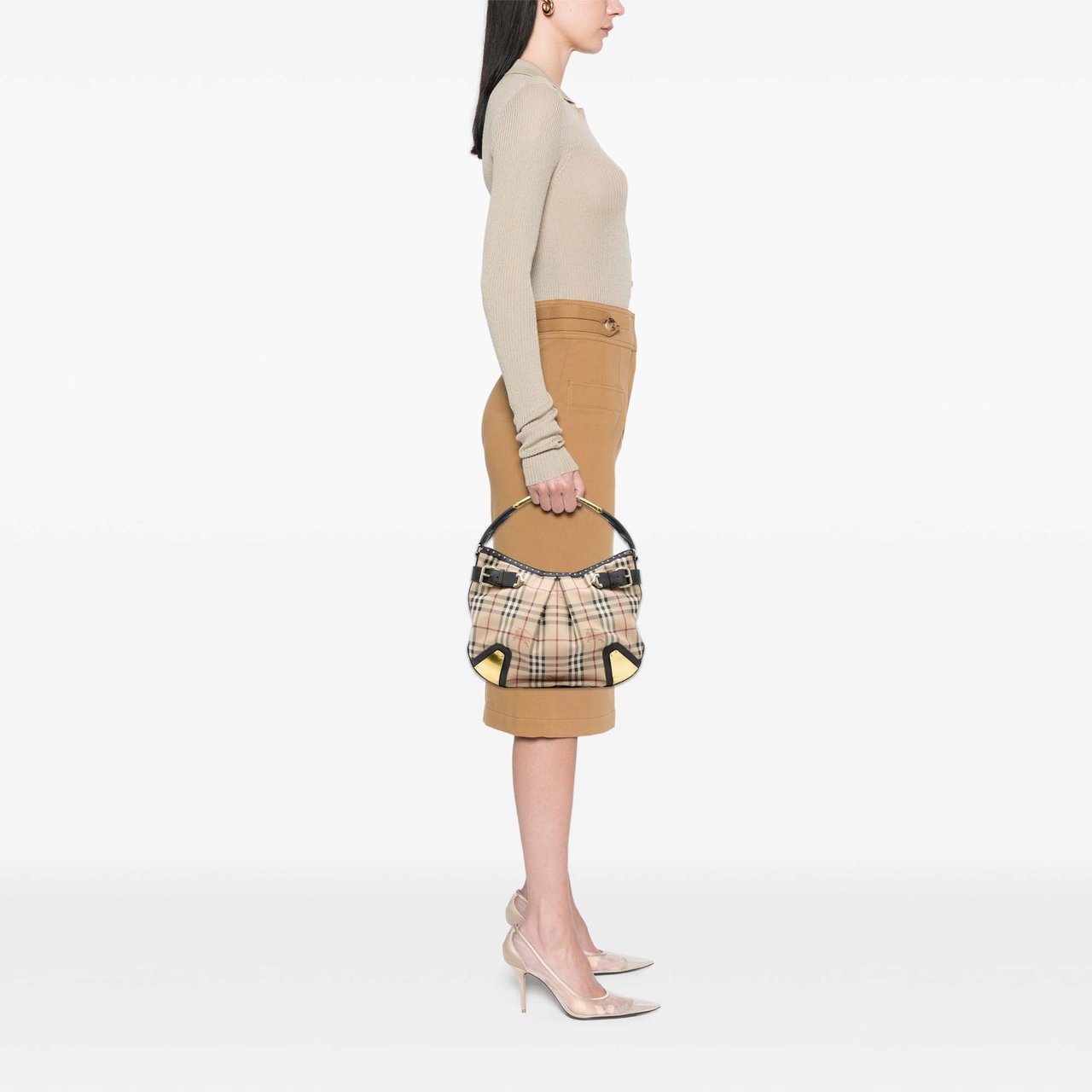 Burberry Haymarket Check Coated Canvas Hobo Bag Bruin