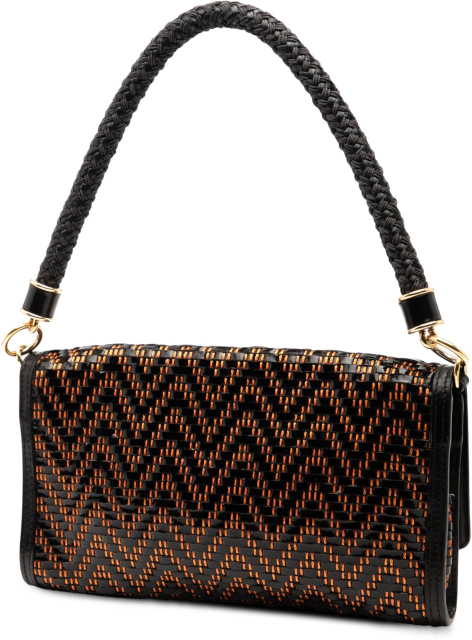 Burberry Herringbone Patent and Straw Shoulder Bag Zwart
