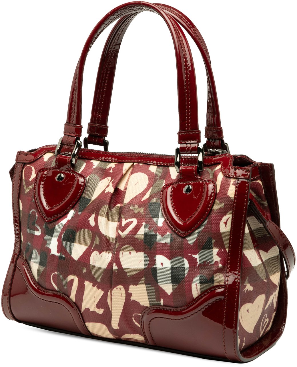 Burberry Patent Trimmed House Check Coated Canvas Hearts Pilgrim Satchel Bruin