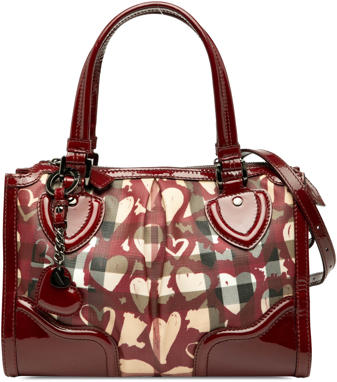 Burberry Patent Trimmed House Check Coated Canvas Hearts Pilgrim Satchel Bruin