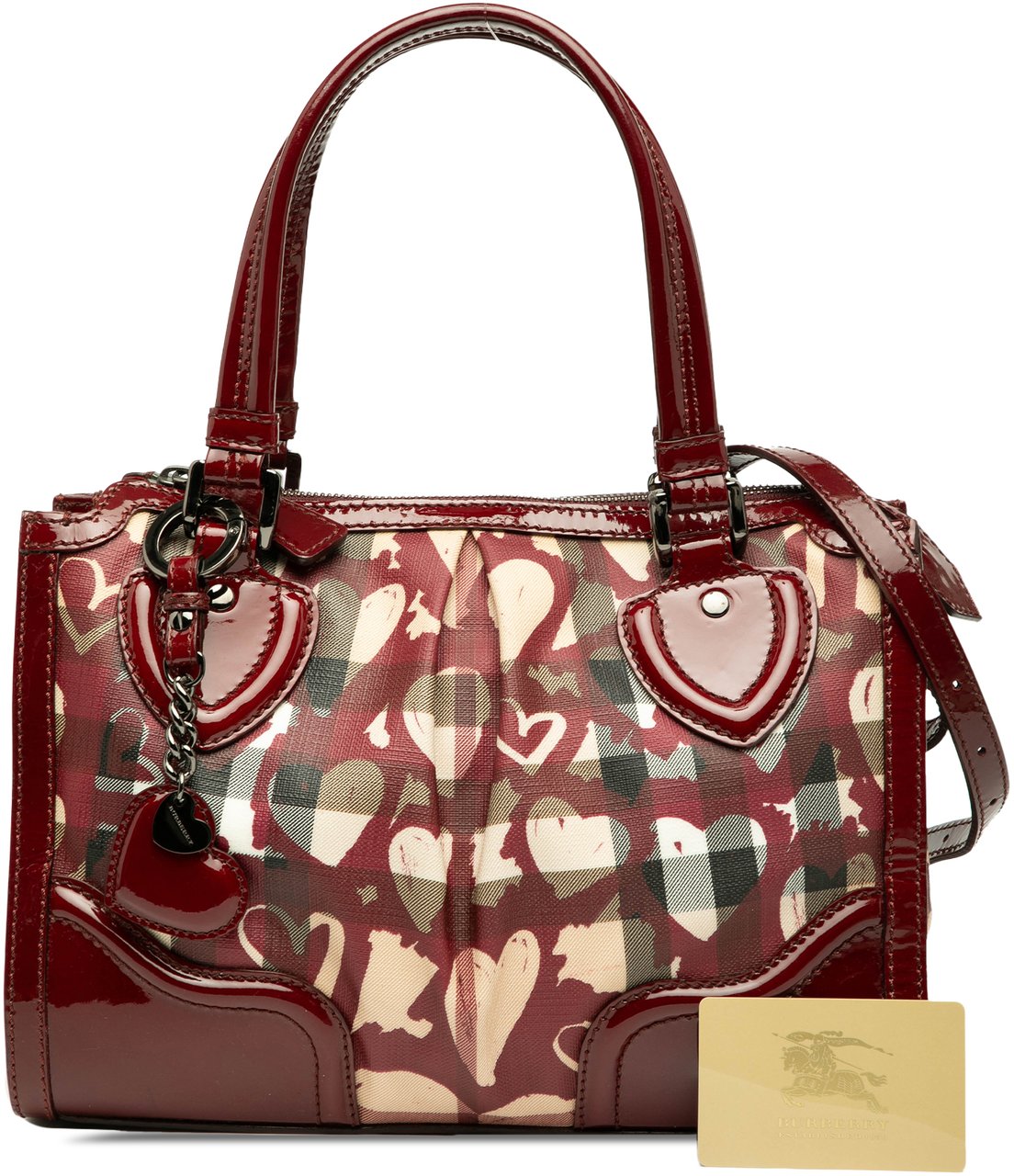 Burberry Patent Trimmed House Check Coated Canvas Hearts Pilgrim Satchel Bruin