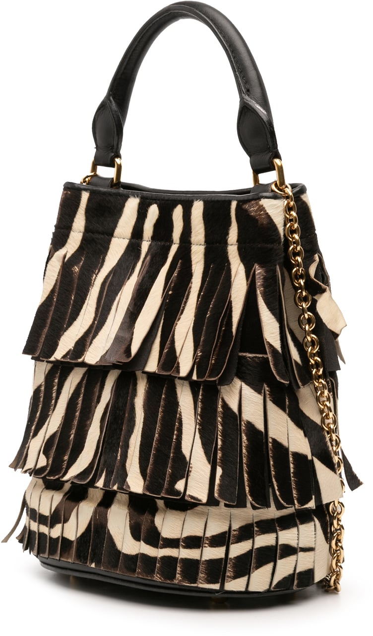 Burberry Prorsum Animal Printed Pony Hair and Leather Fringe Bucket Bag Zwart