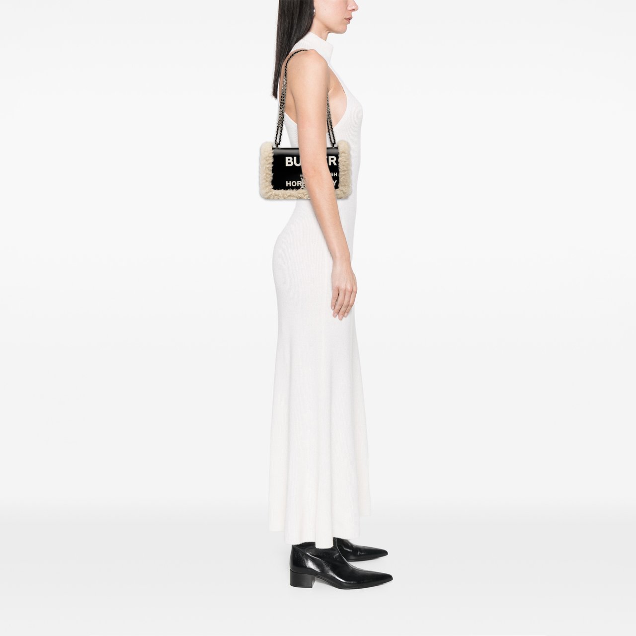 Burberry Small Shearling Trimmed Coated Canvas Lola Crossbody Zwart