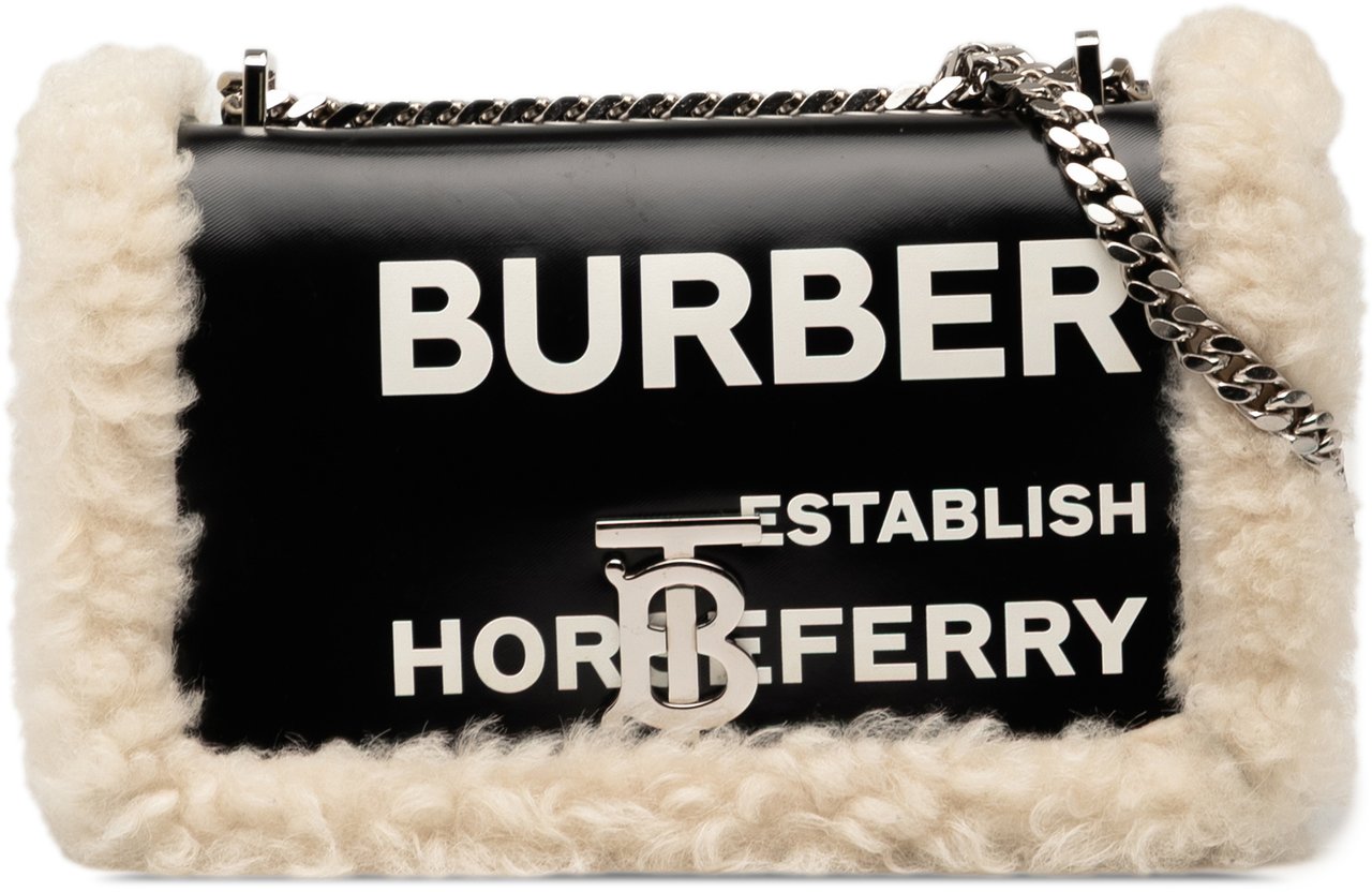 Burberry Small Shearling Trimmed Coated Canvas Lola Crossbody Zwart