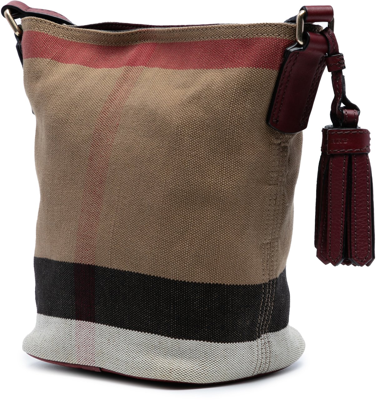 Burberry Mini Mega Check Canvas Ashby Tassel Bucket Bag Bruin