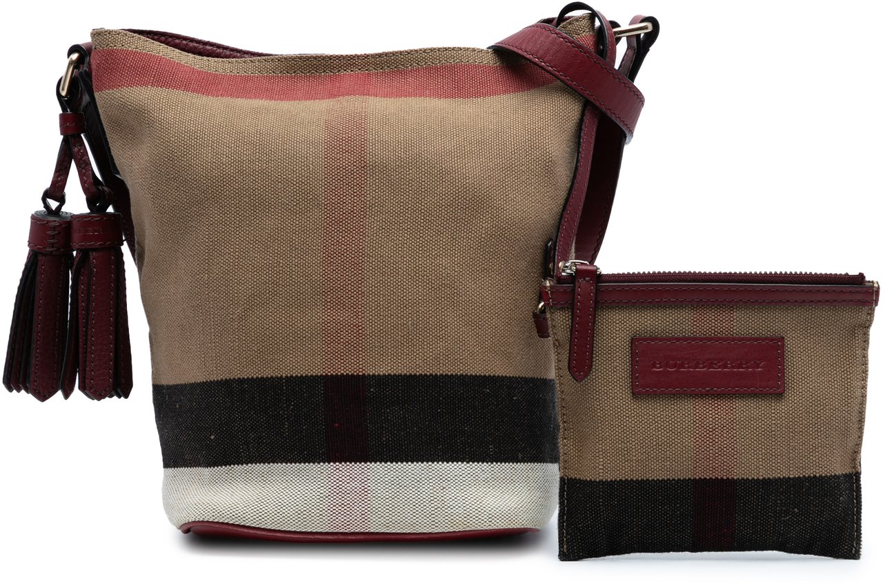 Burberry Mini Mega Check Canvas Ashby Tassel Bucket Bag Bruin