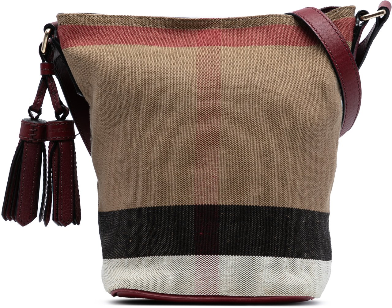 Burberry Mini Mega Check Canvas Ashby Tassel Bucket Bag Bruin