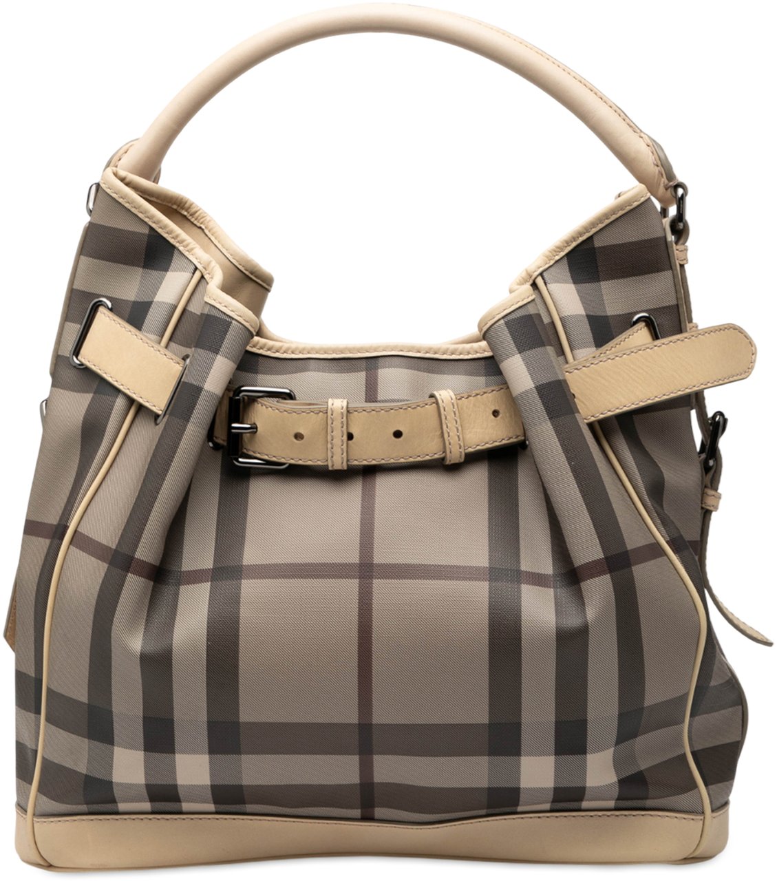 Burberry Medium Smoke Check Coated Canvas Walden Belted Hobo Bruin