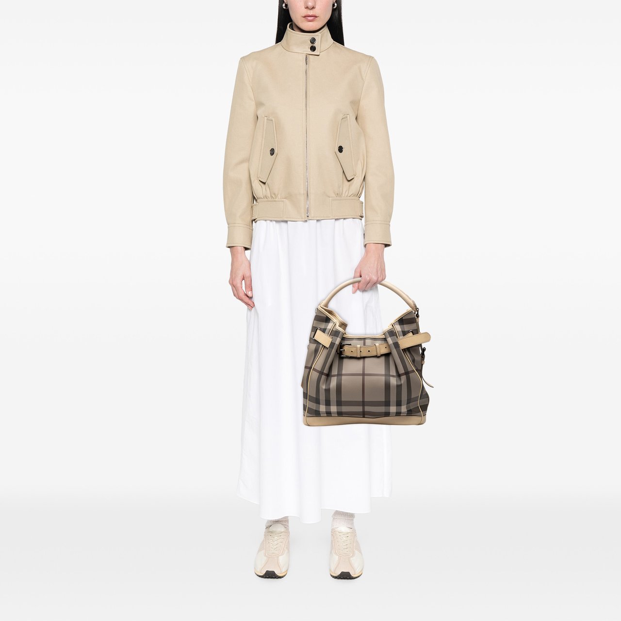 Burberry Medium Smoke Check Coated Canvas Walden Belted Hobo Bruin