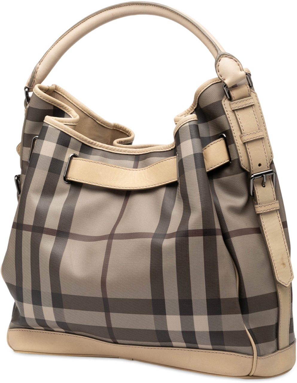 Burberry Medium Smoke Check Coated Canvas Walden Belted Hobo Bruin