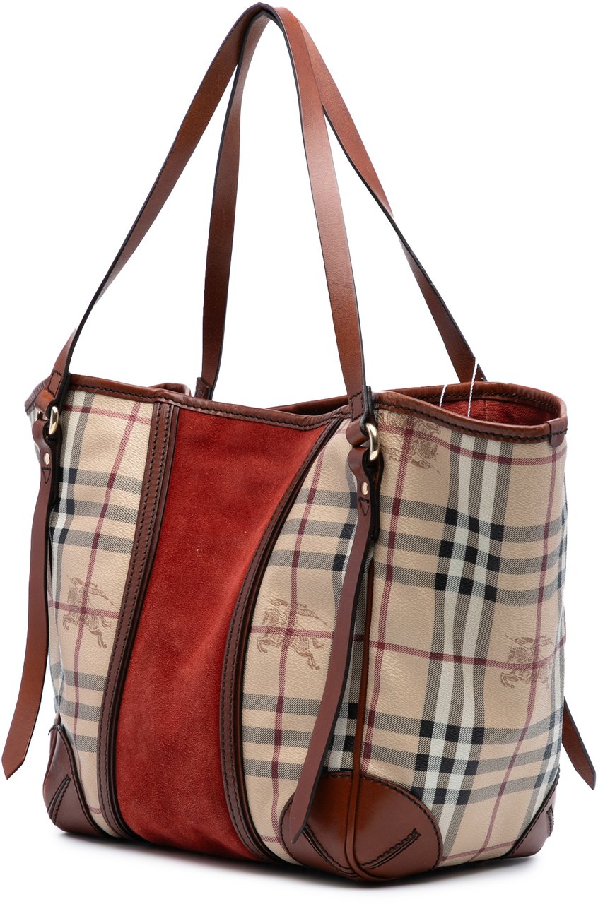 Burberry Small Suede Trimmed Haymarket Check Coated Canvas Canterbury Tote Bruin